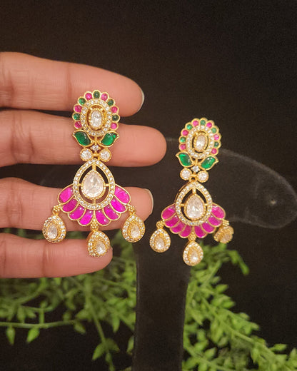 Elegant Floral Tear Drop Kundan and Mossanite Earrings