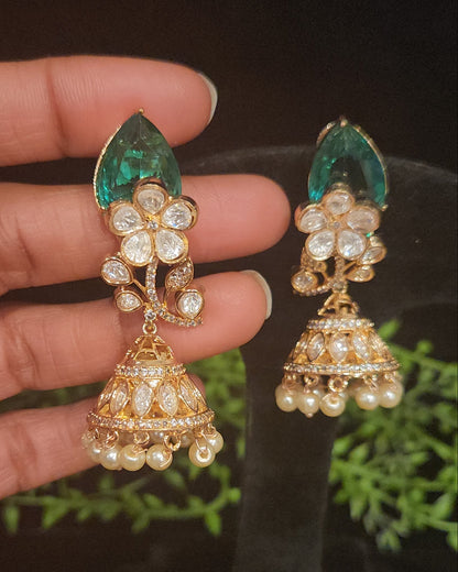 Sparkling Polki Double Eight Stone and Mossanite Jhumkas