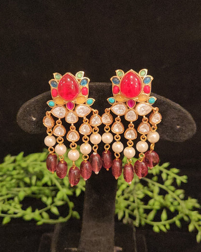 Delicate Floral Dangler Pearl and Bead Earrings