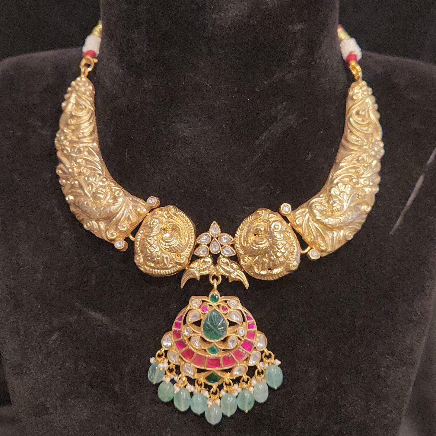 Golden Peacock Kante Set with Chandbali Jadau Kundan Pendant