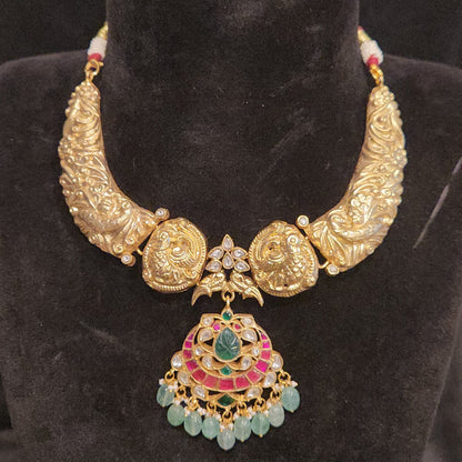 Golden Peacock Kante Set with Chandbali Jadau Kundan Pendant
