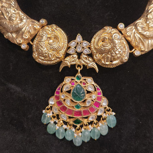 Golden Peacock Kante Set with Chandbali Jadau Kundan Pendant