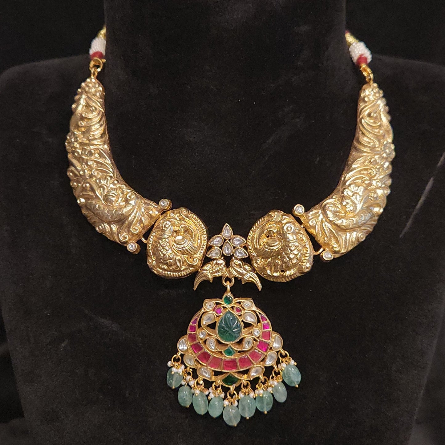 Golden Peacock Kante Set with Chandbali Jadau Kundan Pendant