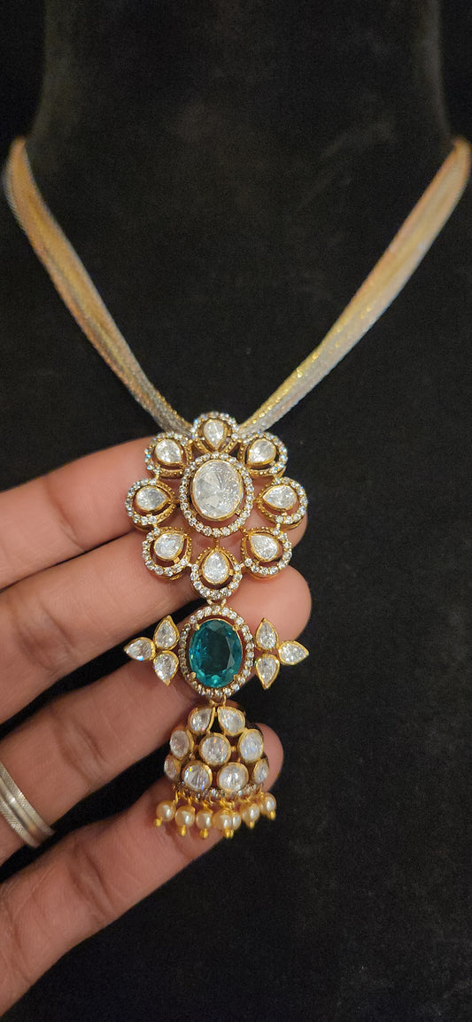 92.5 Silver Moissanite Floral Pendant with Emerald