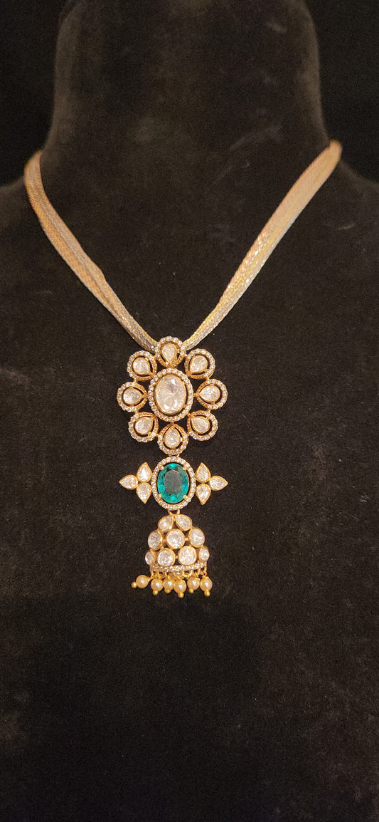 92.5 Silver Moissanite Floral Pendant with Emerald