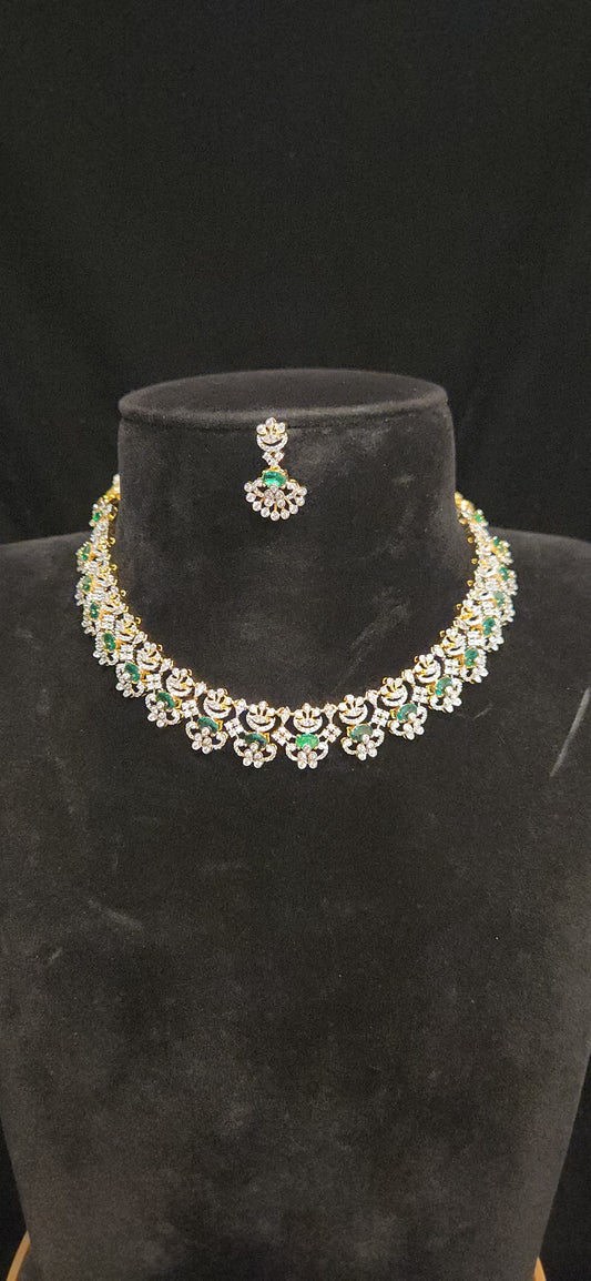 Royal 92.5 Silver Designer CZ and Emerald Necklace Set