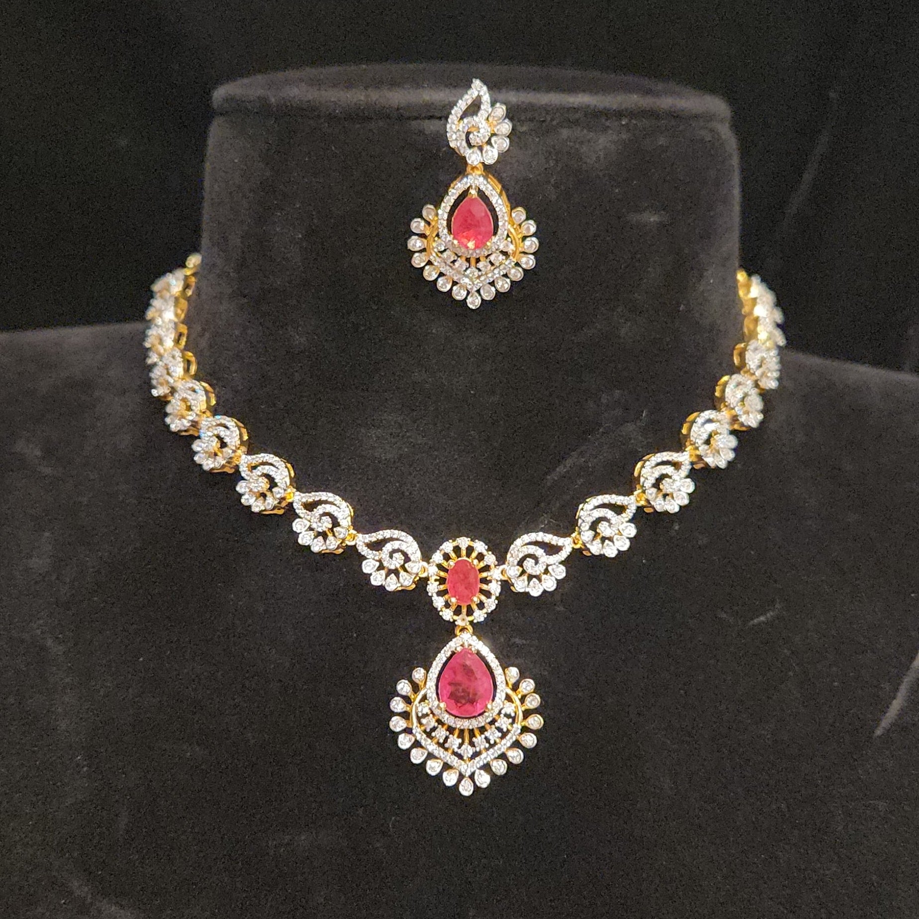 92.5 Silver Ruby Leaf Designer CZ Necklace Set – Vajra Jewellery
