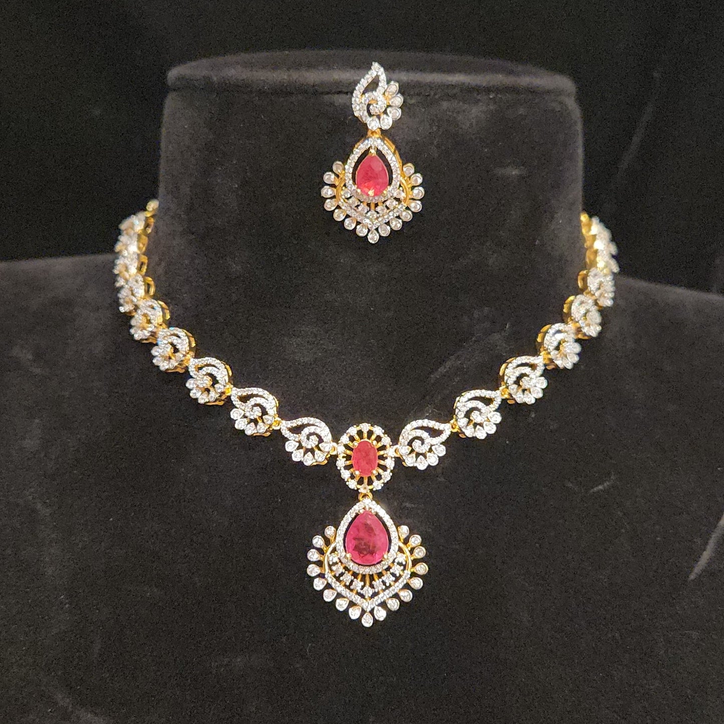 92.5 Silver Ruby Leaf Designer CZ Necklace Set