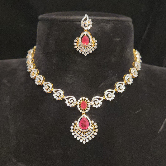 92.5 Silver Ruby Leaf Designer CZ Necklace Set