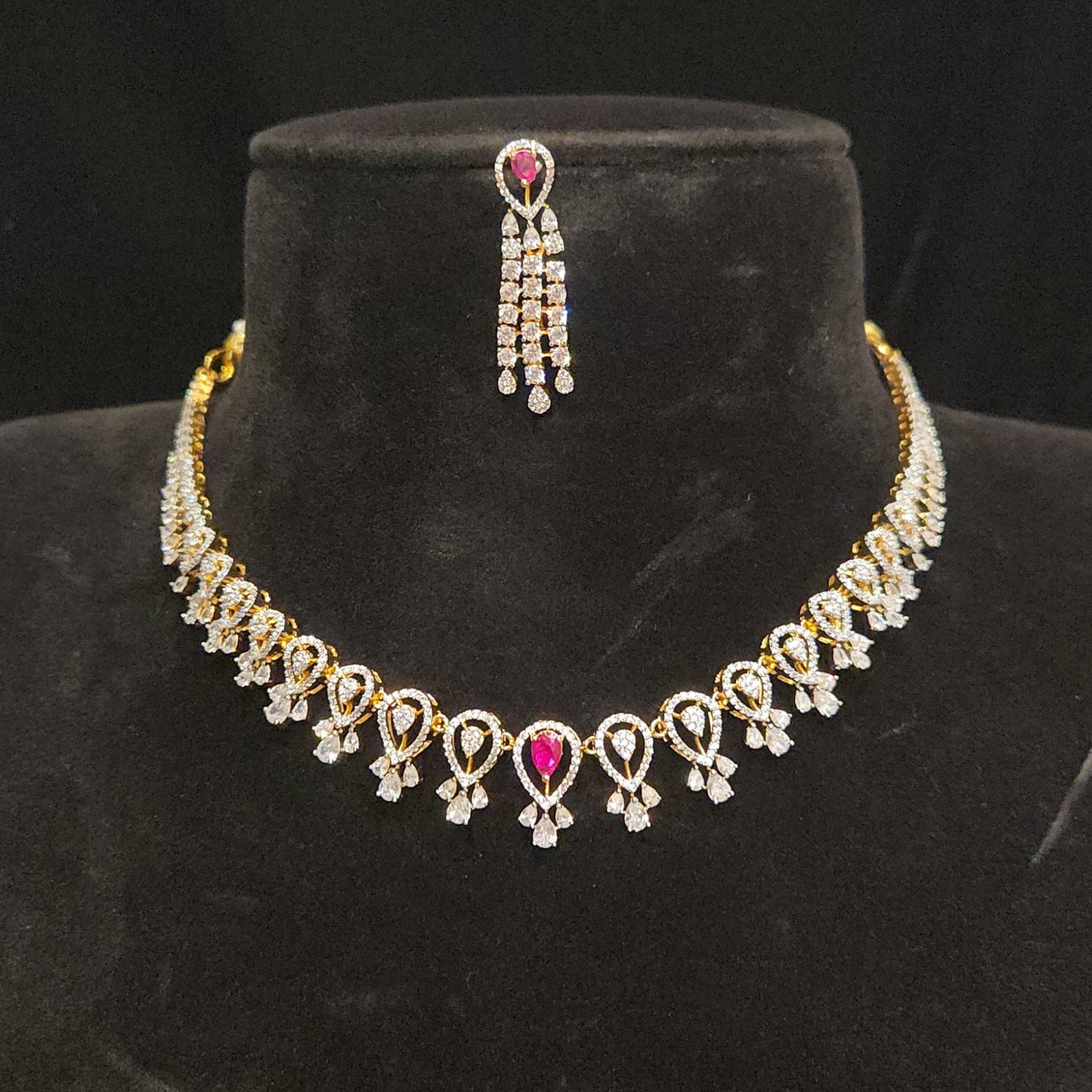92.5 Silver Ruby Tear Drop Designer Necklace Set