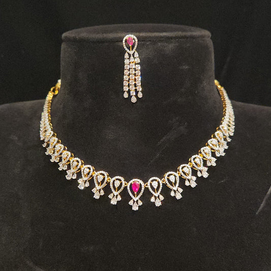 92.5 Silver Ruby Tear Drop Designer Necklace Set