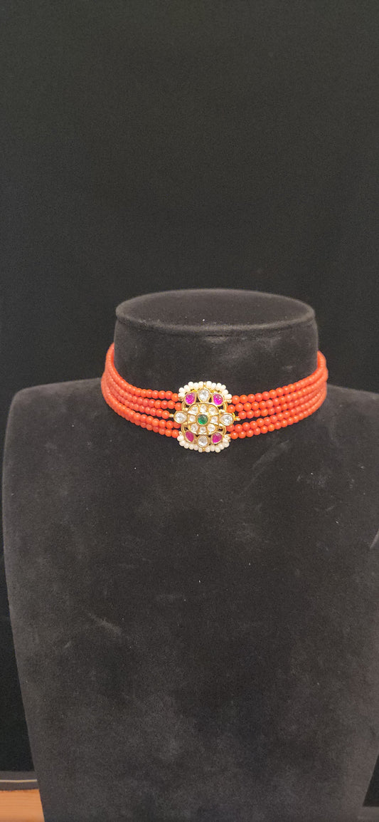 Ethnic Floral Kundan Pendant Coral Choker