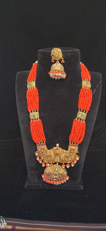 Traditional Peacock Nakshi Long Haram with Coral beads