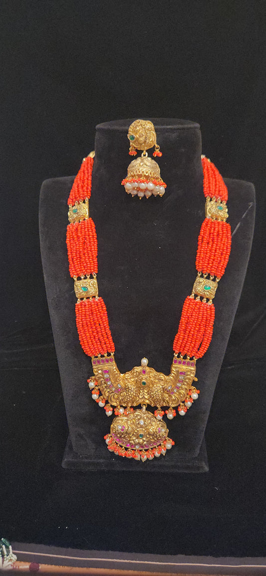 Traditional Peacock Nakshi Long Haram with Coral beads