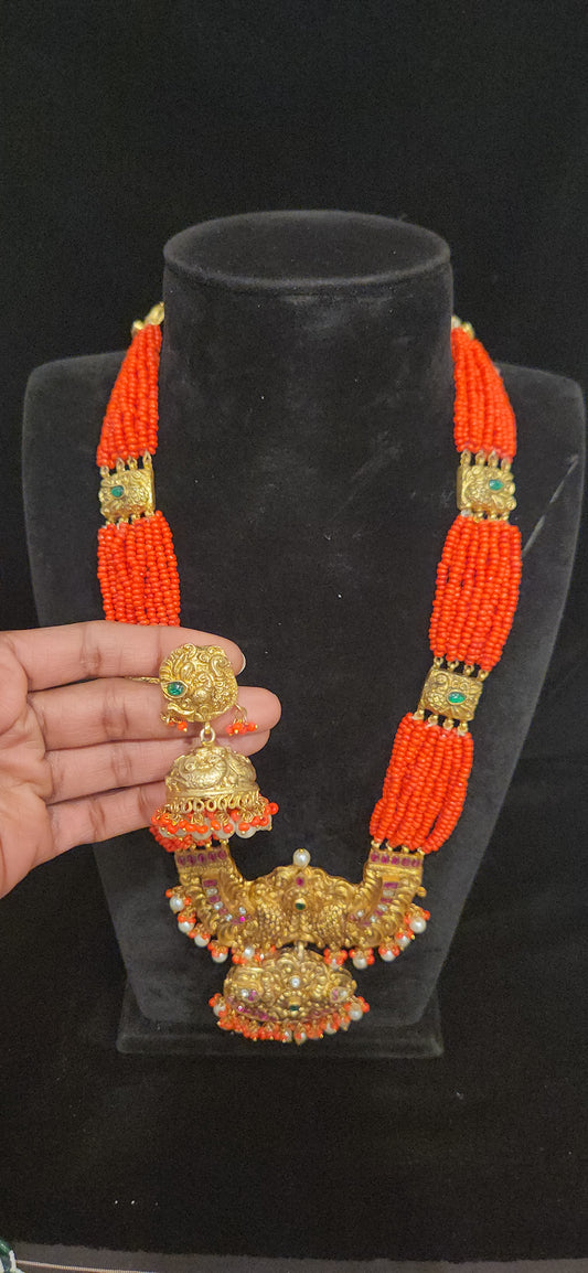 Traditional Peacock Nakshi Long Haram with Coral beads