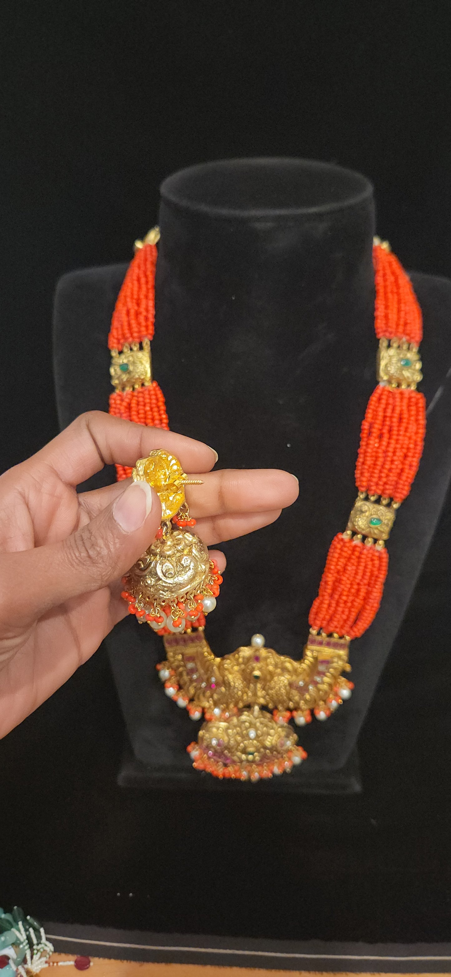 Traditional Peacock Nakshi Long Haram with Coral beads