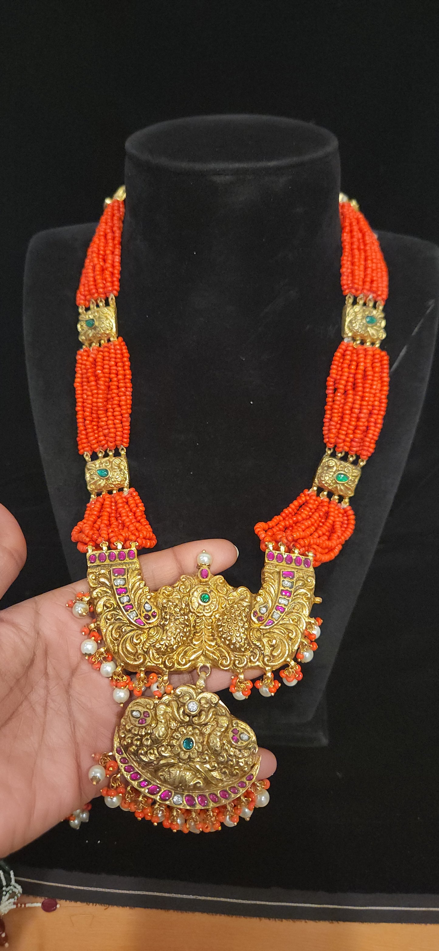 Traditional Peacock Nakshi Long Haram with Coral beads