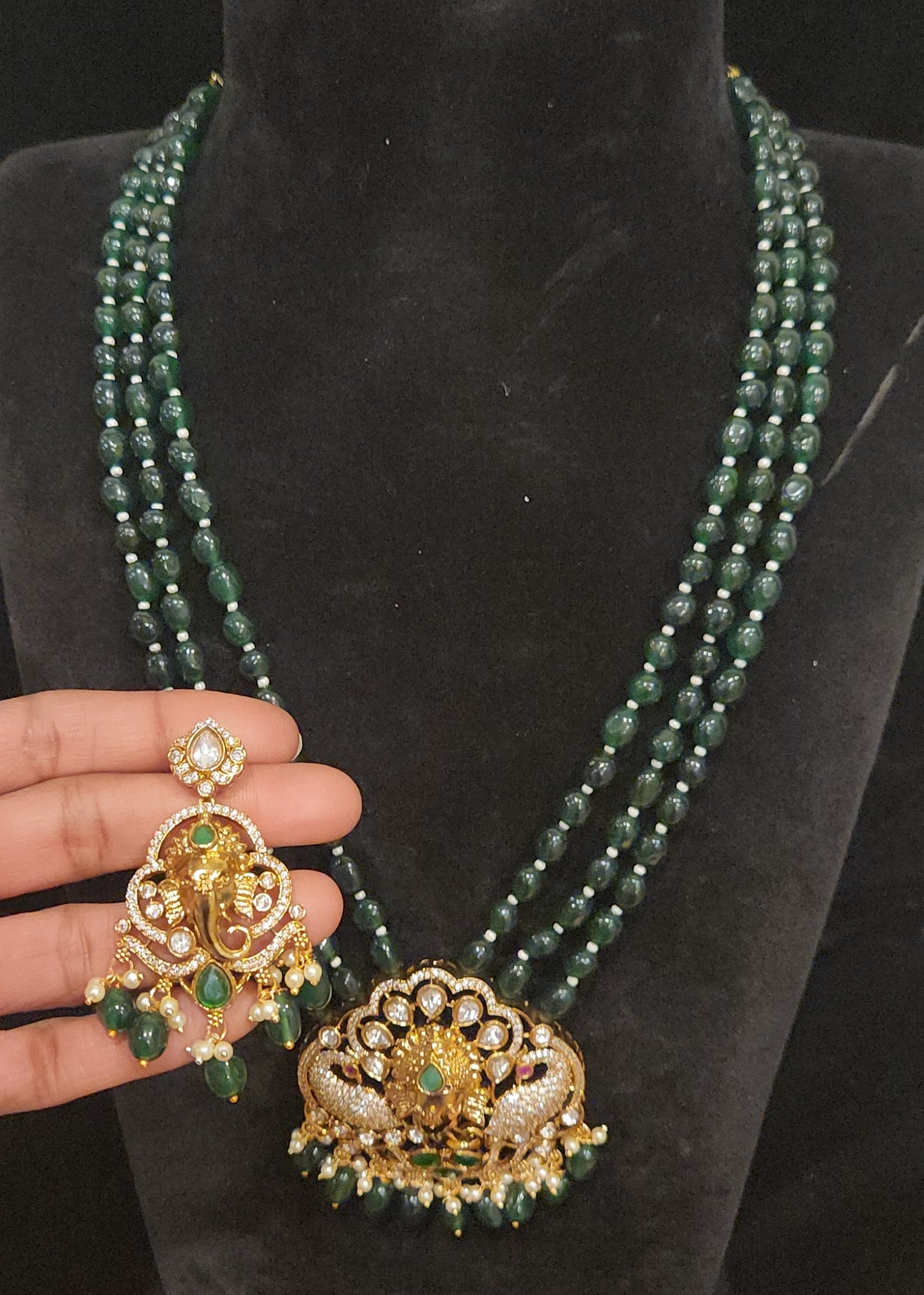 Designer Dark Green Triple Layer Peacock Mala