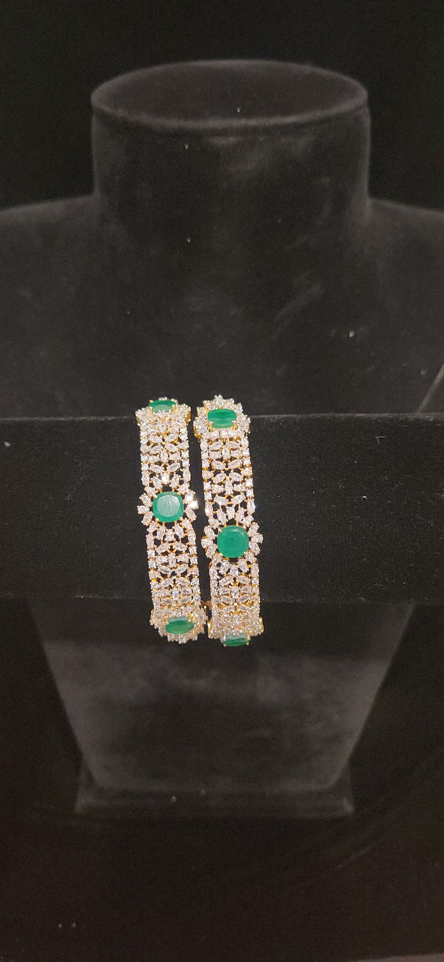 Designer Diamond-Pattern CZ & Emerald Bangles
