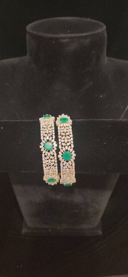 Designer Diamond-Pattern CZ & Emerald Bangles