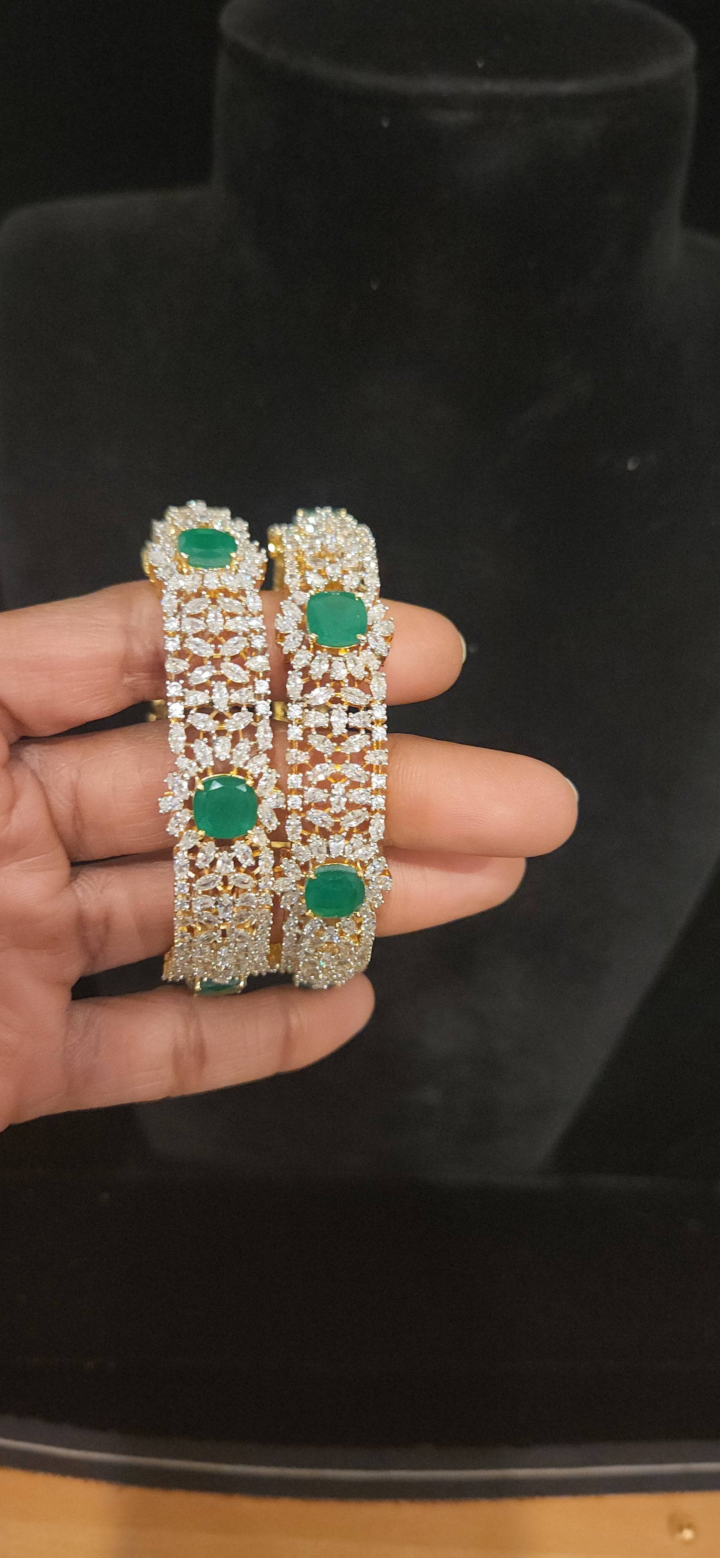 Designer Diamond-Pattern CZ & Emerald Bangles