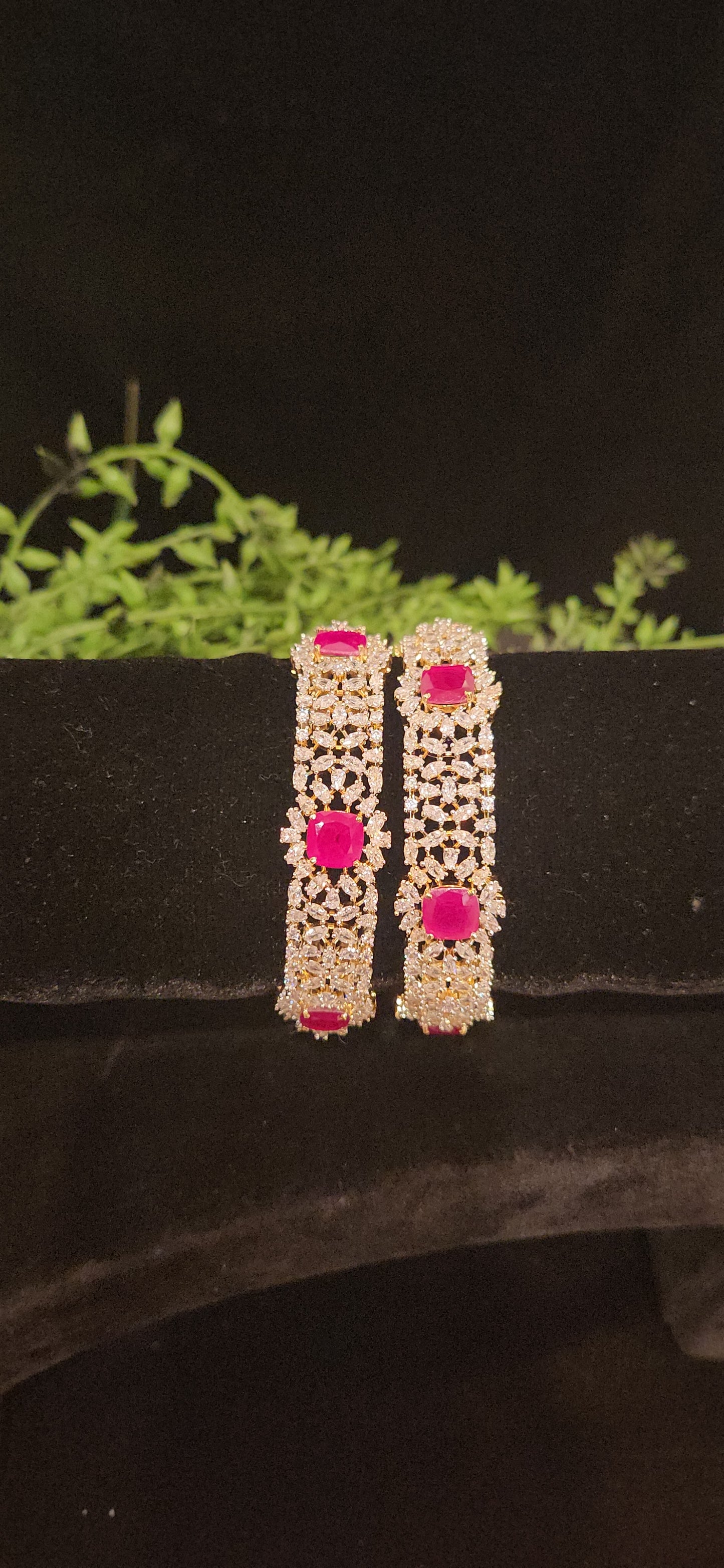 Designer Diamond-Pattern CZ & Emerald Bangles