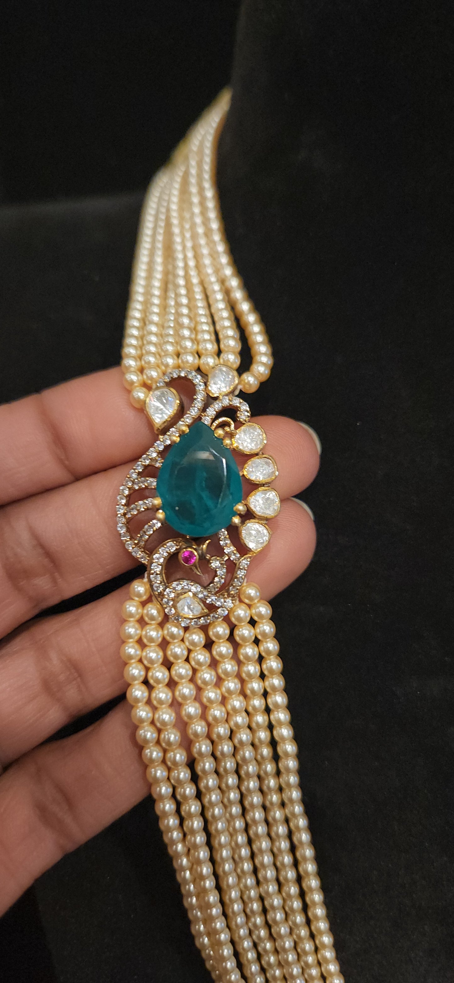 92.5 Silver Peacock Emerald Motif 7 Layered Swarovski Mala