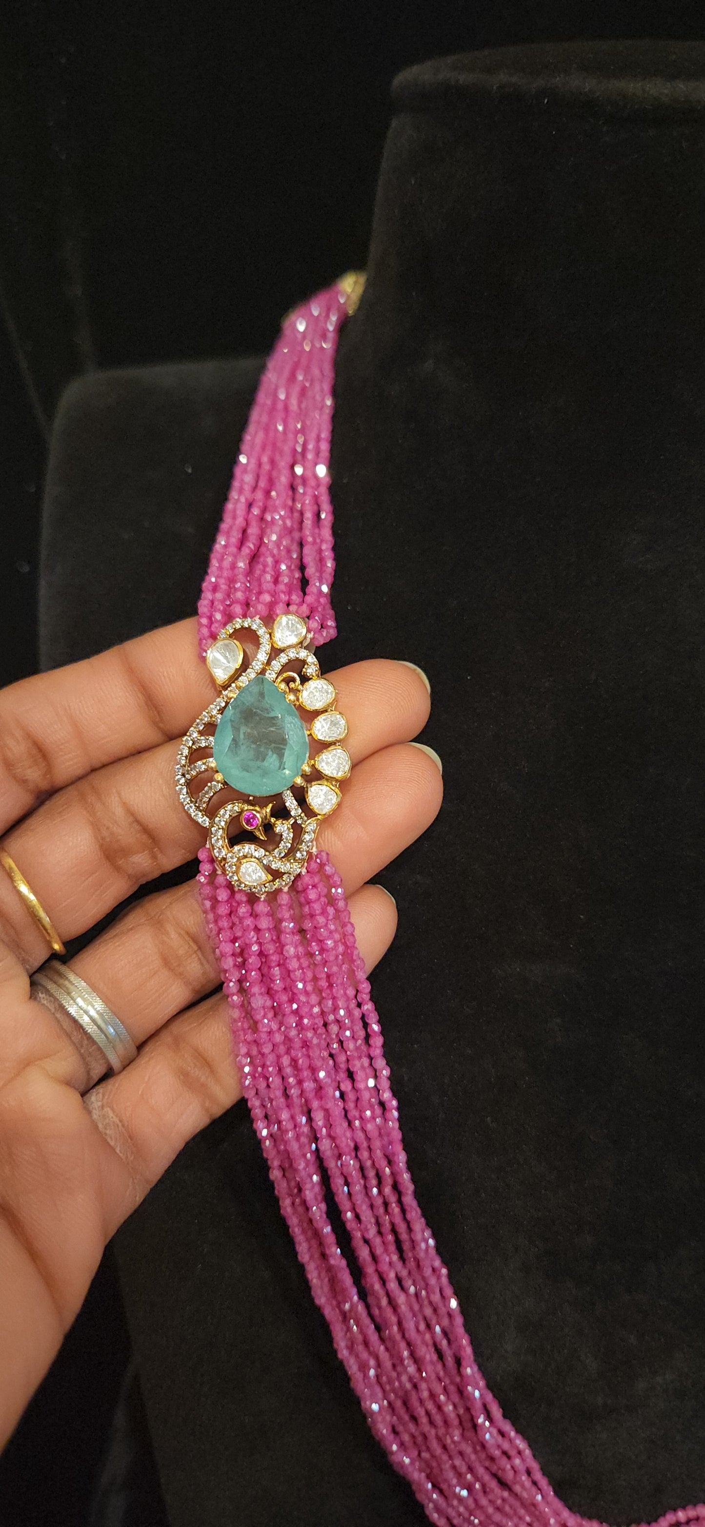92.5 Silver Peacock Emerald Motif 7 Layered Swarovski Mala
