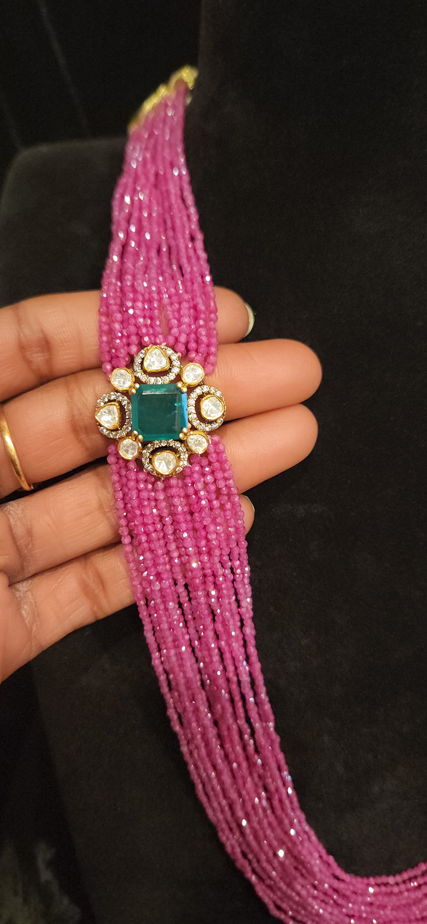 92.5 Silver Russian Green Emerald with Multi Layered Swarovski Mala