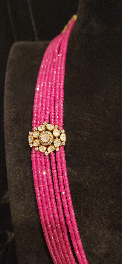 92.5 Silver Floral Moissanite Motif with 7 Layered Swarovski Pearls Mala