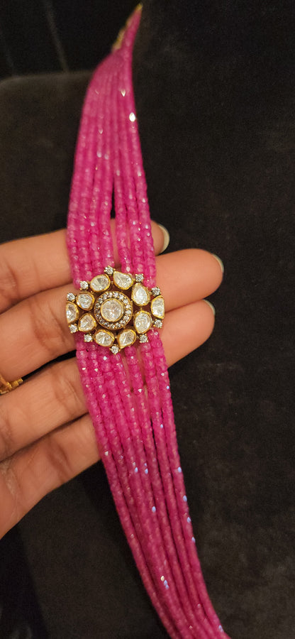 92.5 Silver Floral Moissanite Motif with 7 Layered Swarovski Pearls Mala