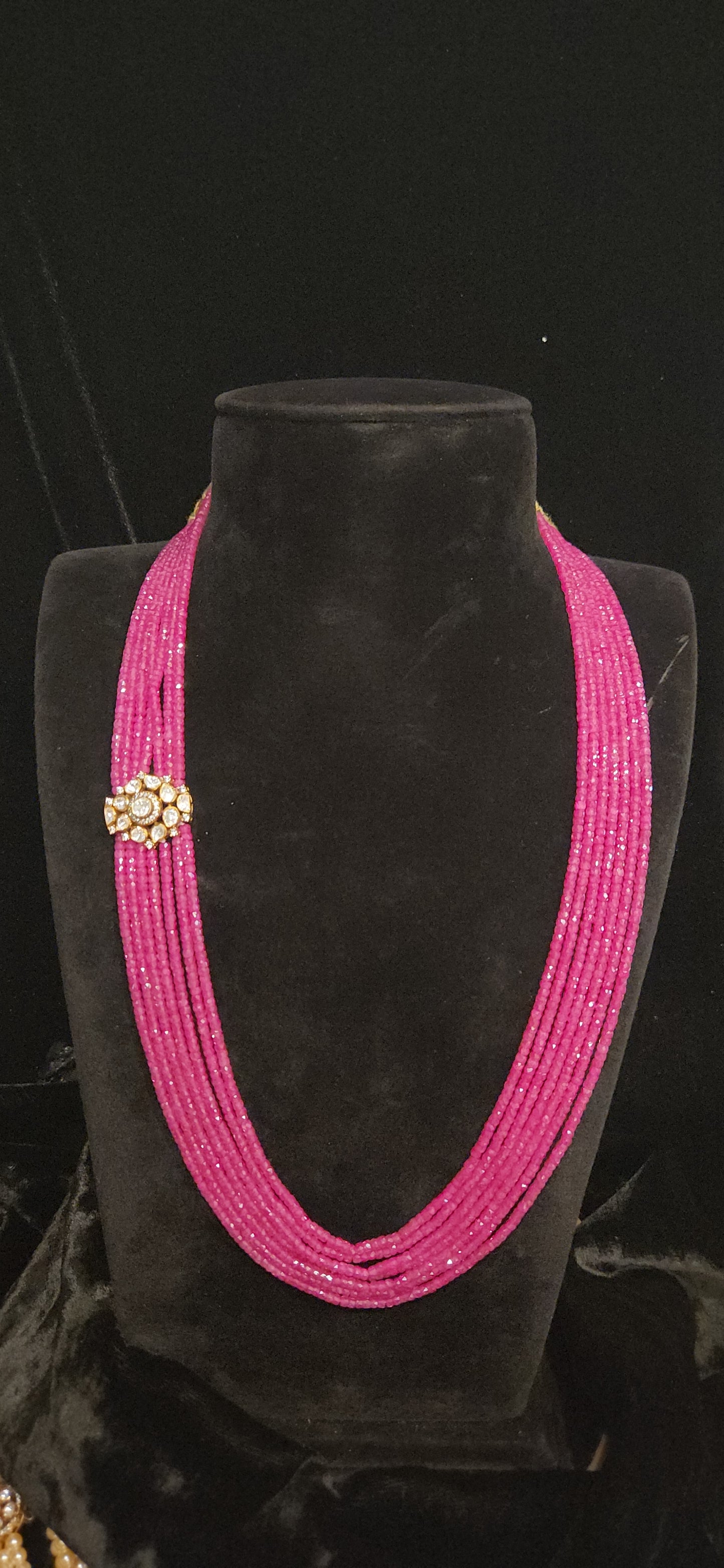 92.5 Silver Floral Moissanite Motif with 7 Layered Swarovski Pearls Mala