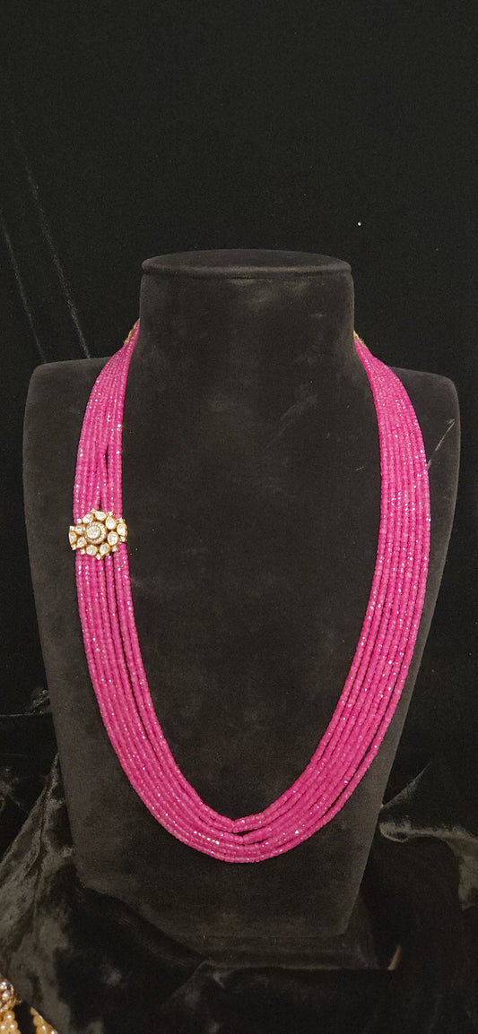 92.5 Silver Floral Moissanite Motif with 7 Layered Swarovski Pearls Mala