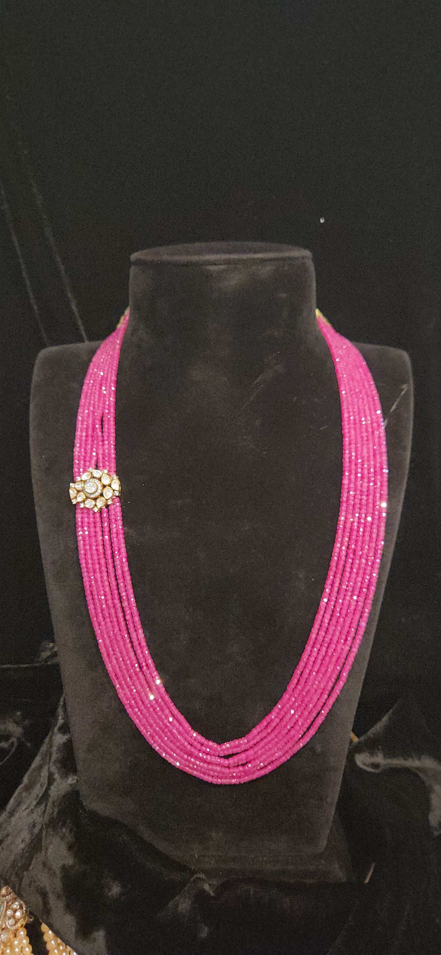 92.5 Silver Floral Moissanite Motif with 7 Layered Swarovski Pearls Mala