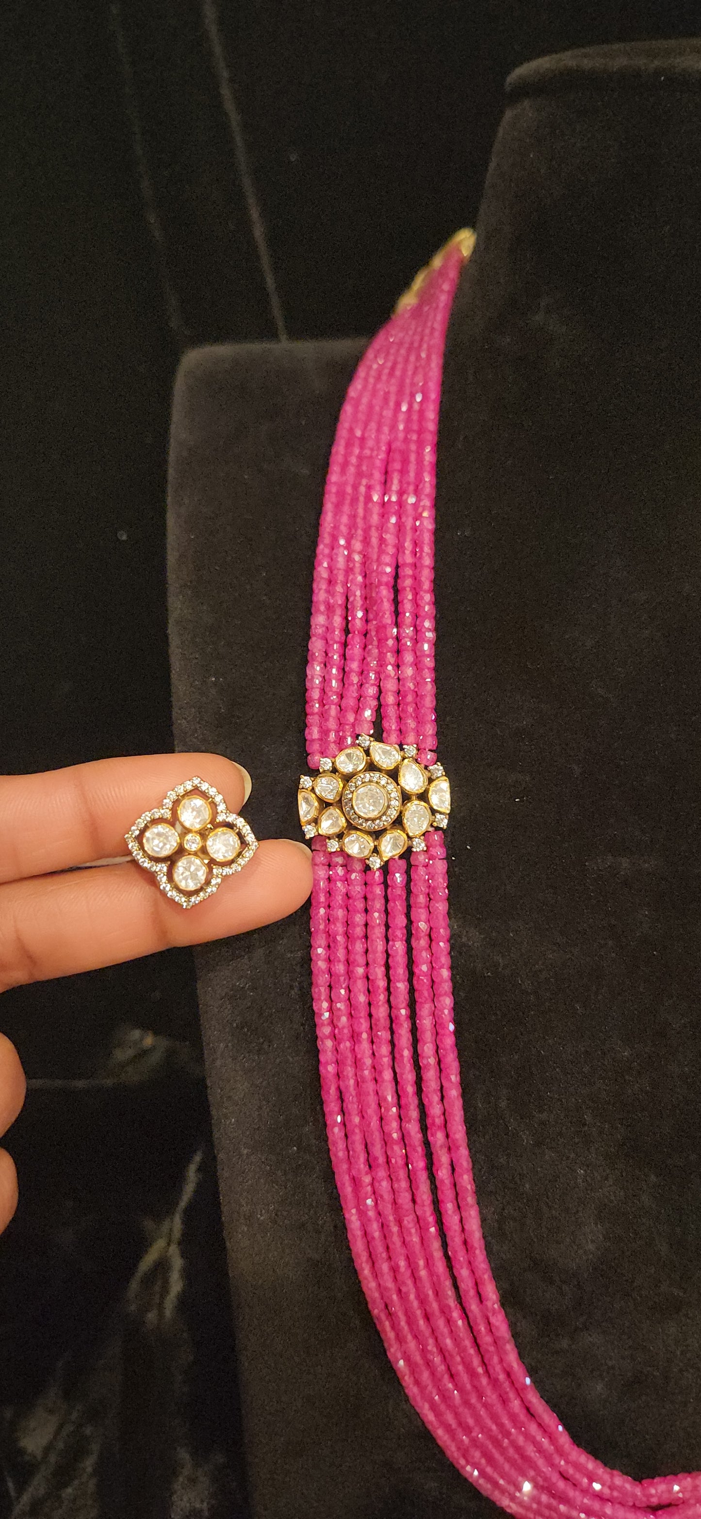 92.5 Silver Floral Moissanite Motif with 7 Layered Swarovski Pearls Mala