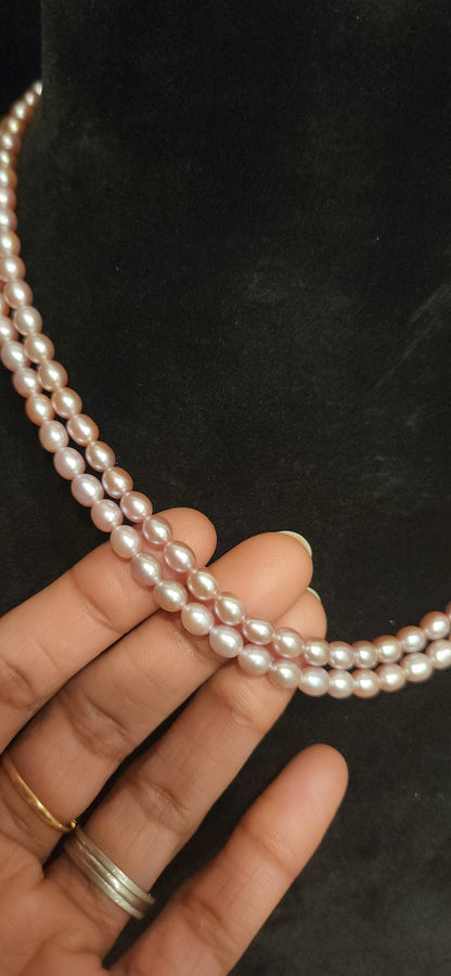 92.5 Silver Double Layered Baby Pink Beads Mala with Lotus & Coral Pendant