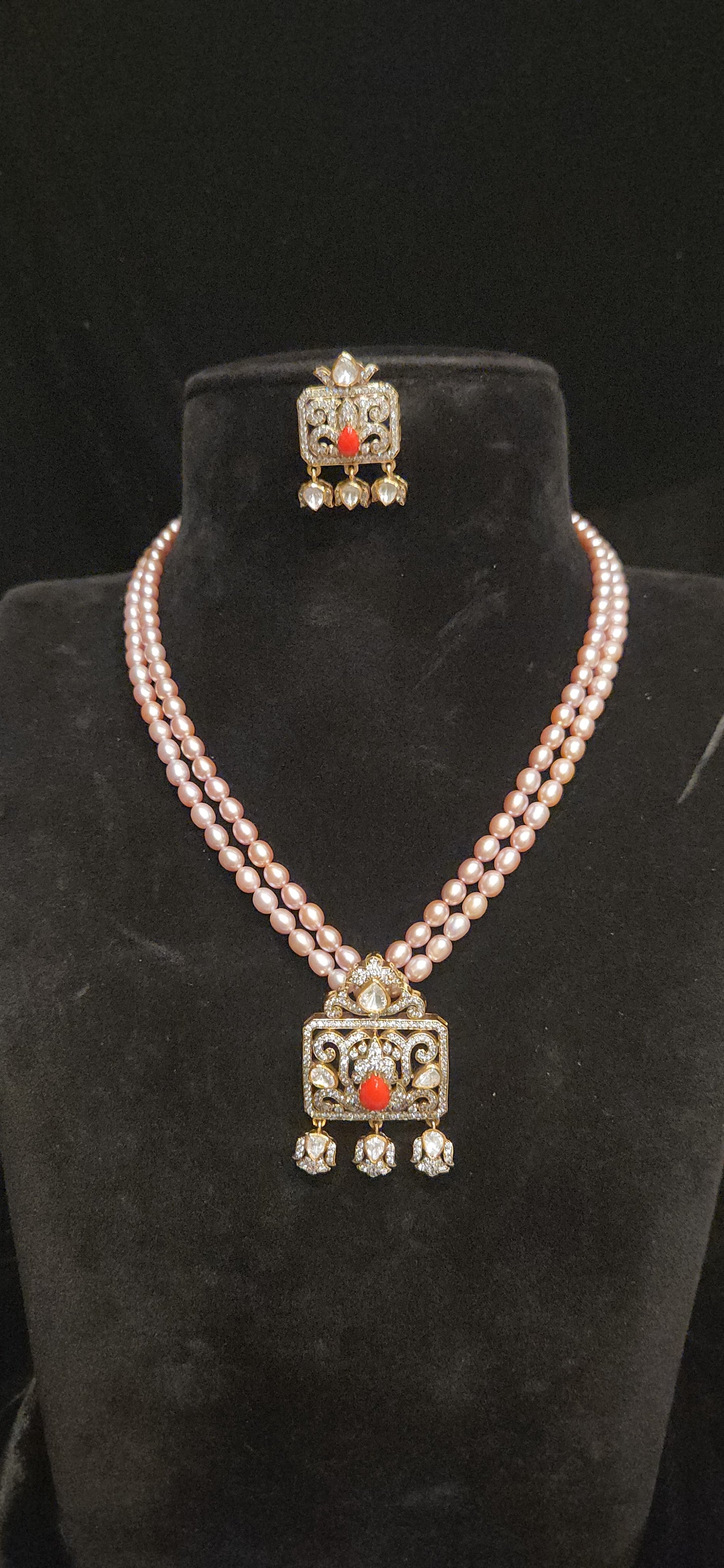 92.5 Silver Double Layered Baby Pink Beads Mala with Lotus & Coral Pendant