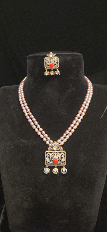 92.5 Silver Double Layered Baby Pink Beads Mala with Lotus & Coral Pendant