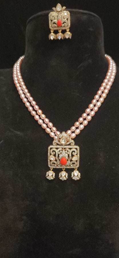 92.5 Silver Double Layered Baby Pink Beads Mala with Lotus & Coral Pendant