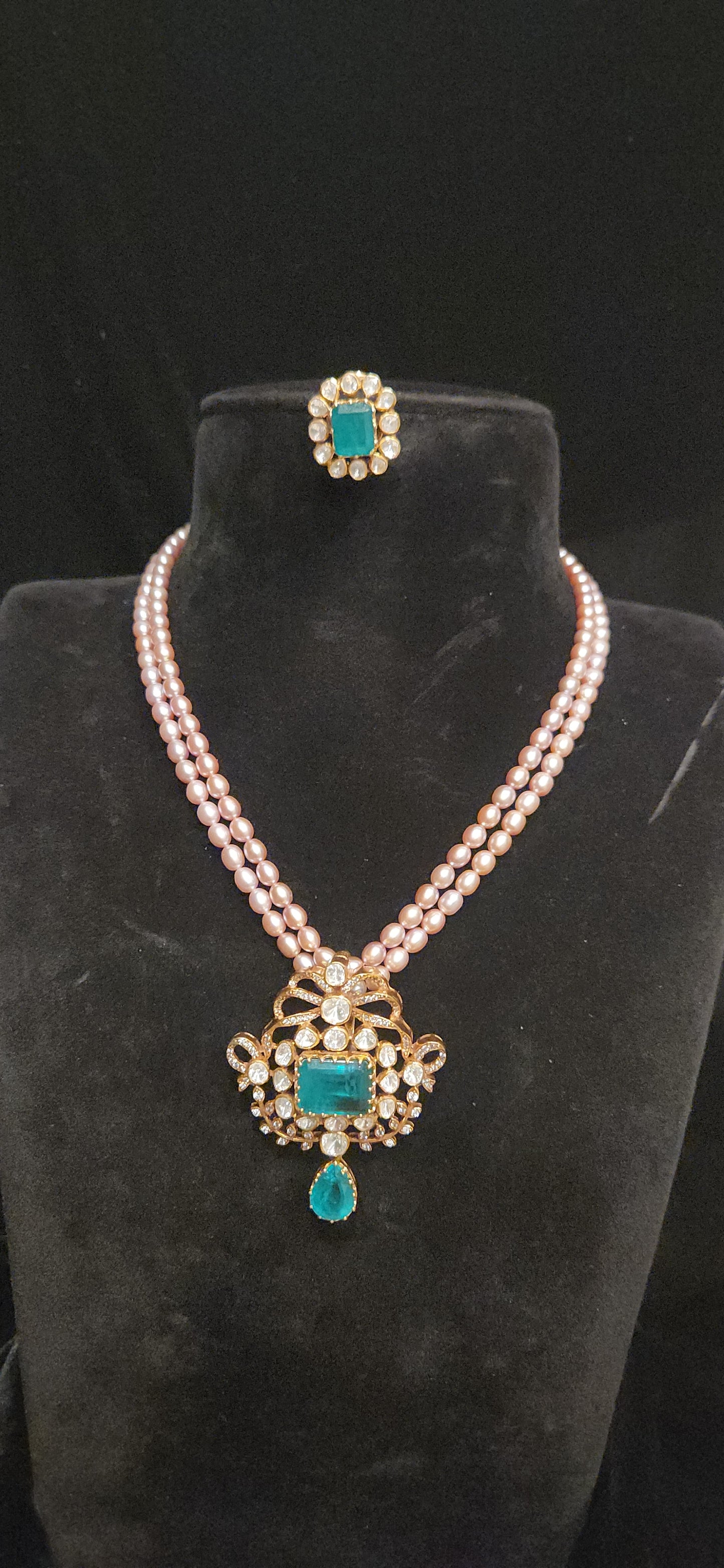 92.5 Silver Double Layered Baby Pink Beads Mala with Emerald & Moissanite Pendant