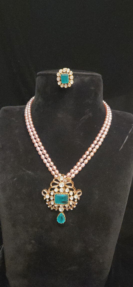 92.5 Silver Double Layered Baby Pink Beads Mala with Emerald & Moissanite Pendant