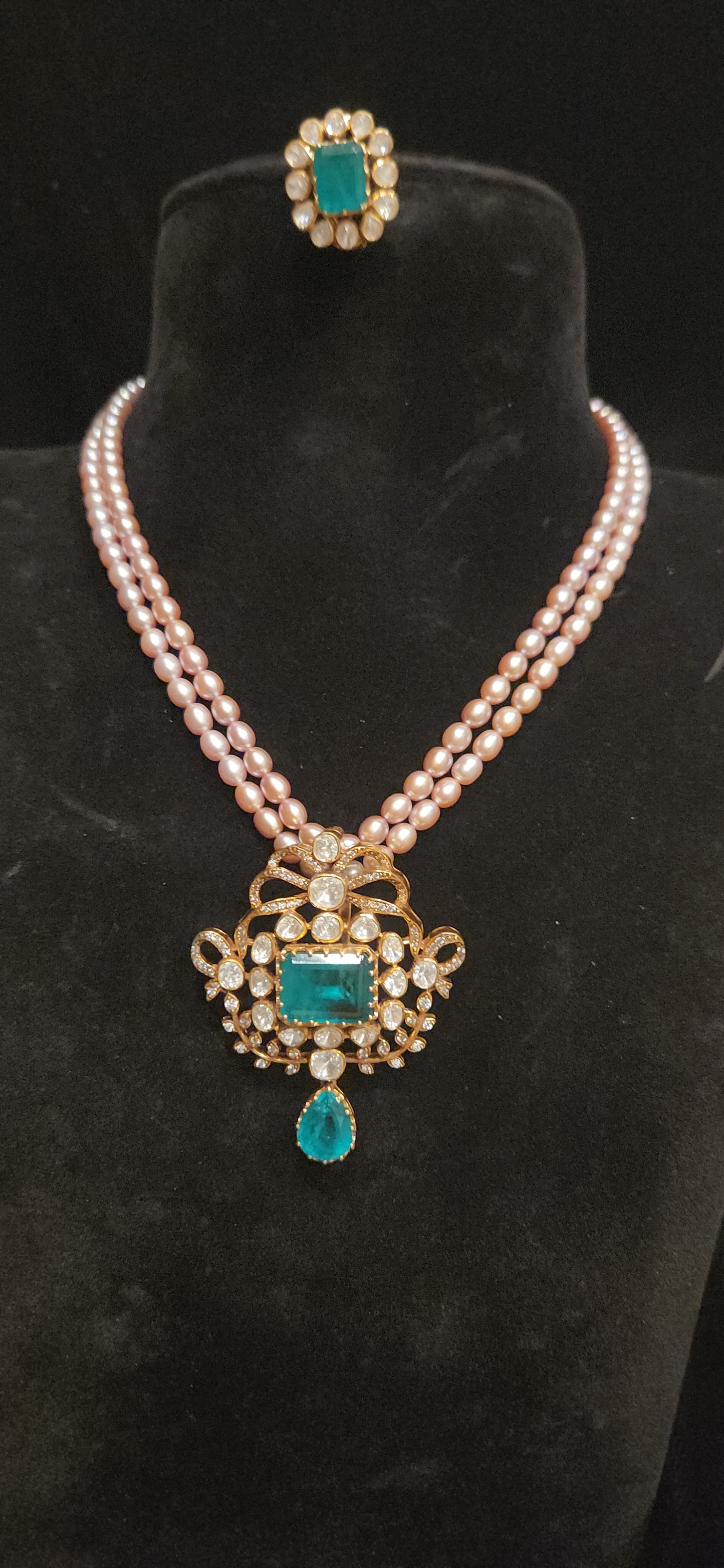 92.5 Silver Double Layered Baby Pink Beads Mala with Emerald & Moissanite Pendant