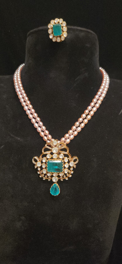 92.5 Silver Double Layered Baby Pink Beads Mala with Emerald & Moissanite Pendant