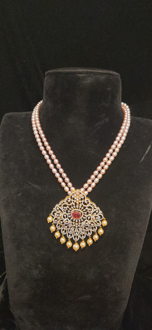 92.5 Silver Double Layered Baby Pink Beads Mala with Ruby CZ Pendant