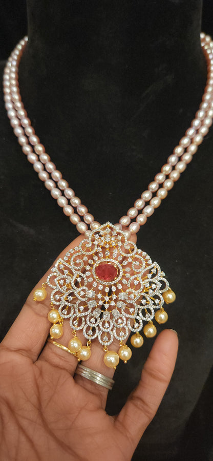 92.5 Silver Double Layered Baby Pink Beads Mala with Ruby CZ Pendant