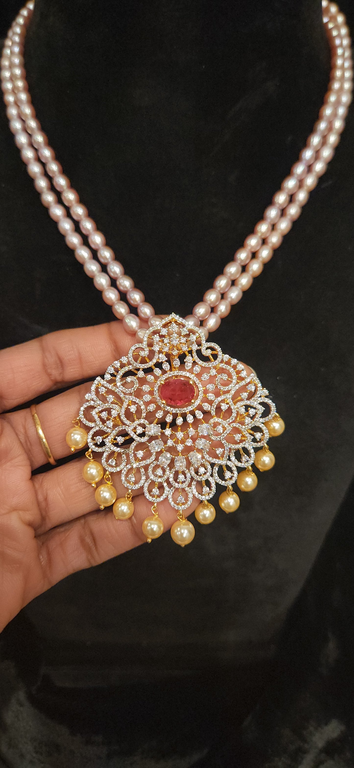 92.5 Silver Double Layered Baby Pink Beads Mala with Ruby CZ Pendant