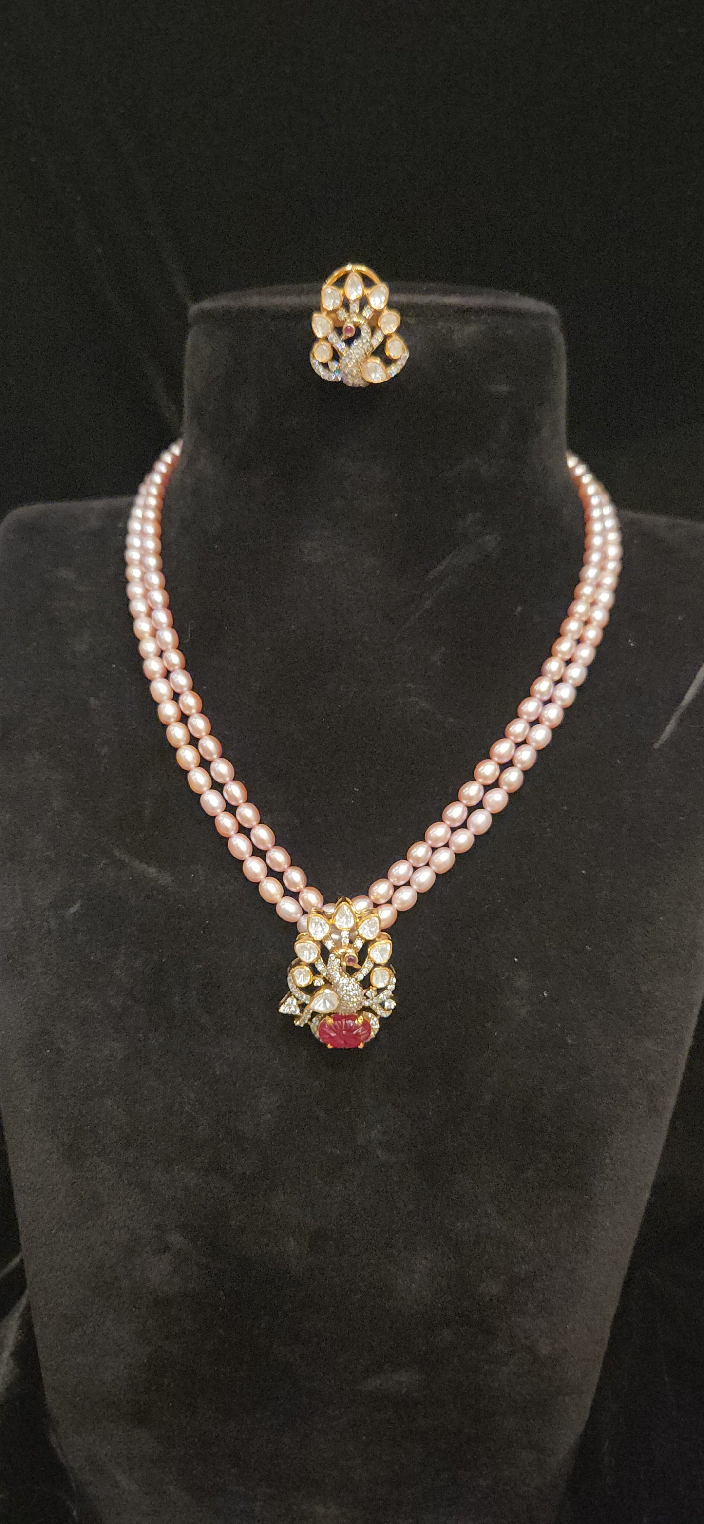 92.5 Silver Peacock Moissanite Pendant with Baby Pink Beads Mala