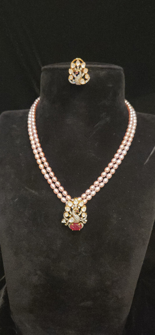 92.5 Silver Peacock Moissanite Pendant with Baby Pink Beads Mala