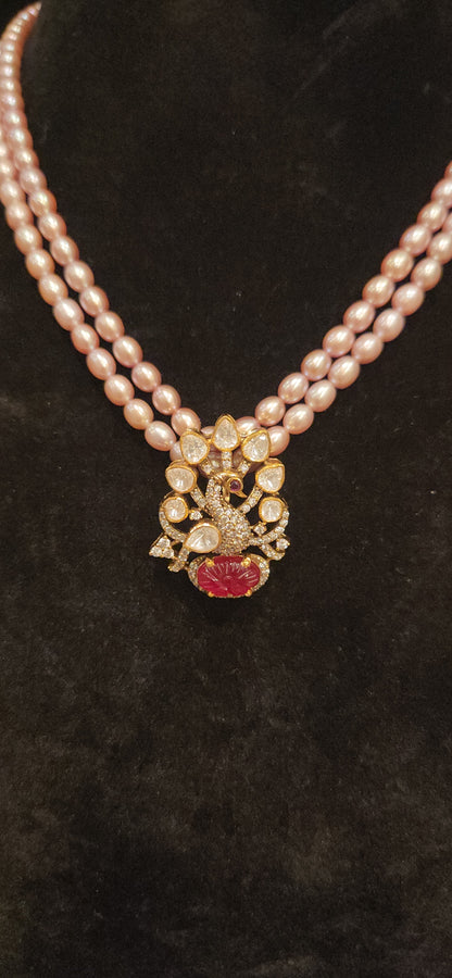 92.5 Silver Peacock Moissanite Pendant with Baby Pink Beads Mala