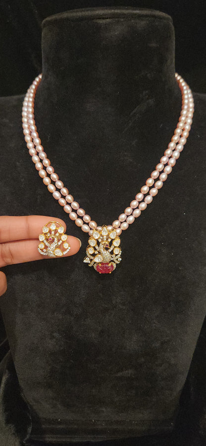 92.5 Silver Peacock Moissanite Pendant with Baby Pink Beads Mala
